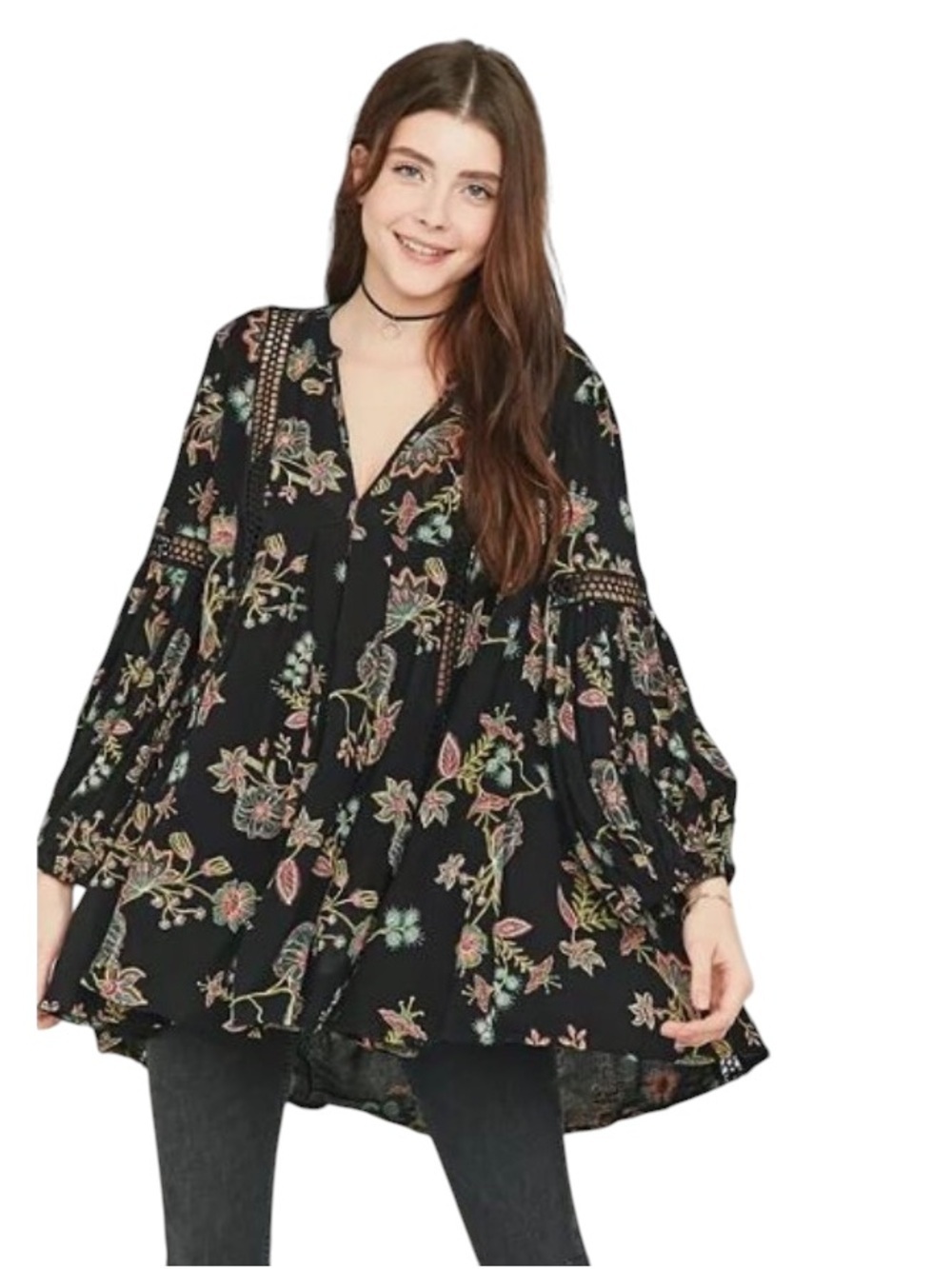 NWT Free People Black Floral crochet Boho Mini Dress balloon long sleeves large
